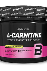 BioTech USA L-Carnitine drink powder container, lemon ice tea flavor, gluten-free, sugar-free, vegan, 150g.